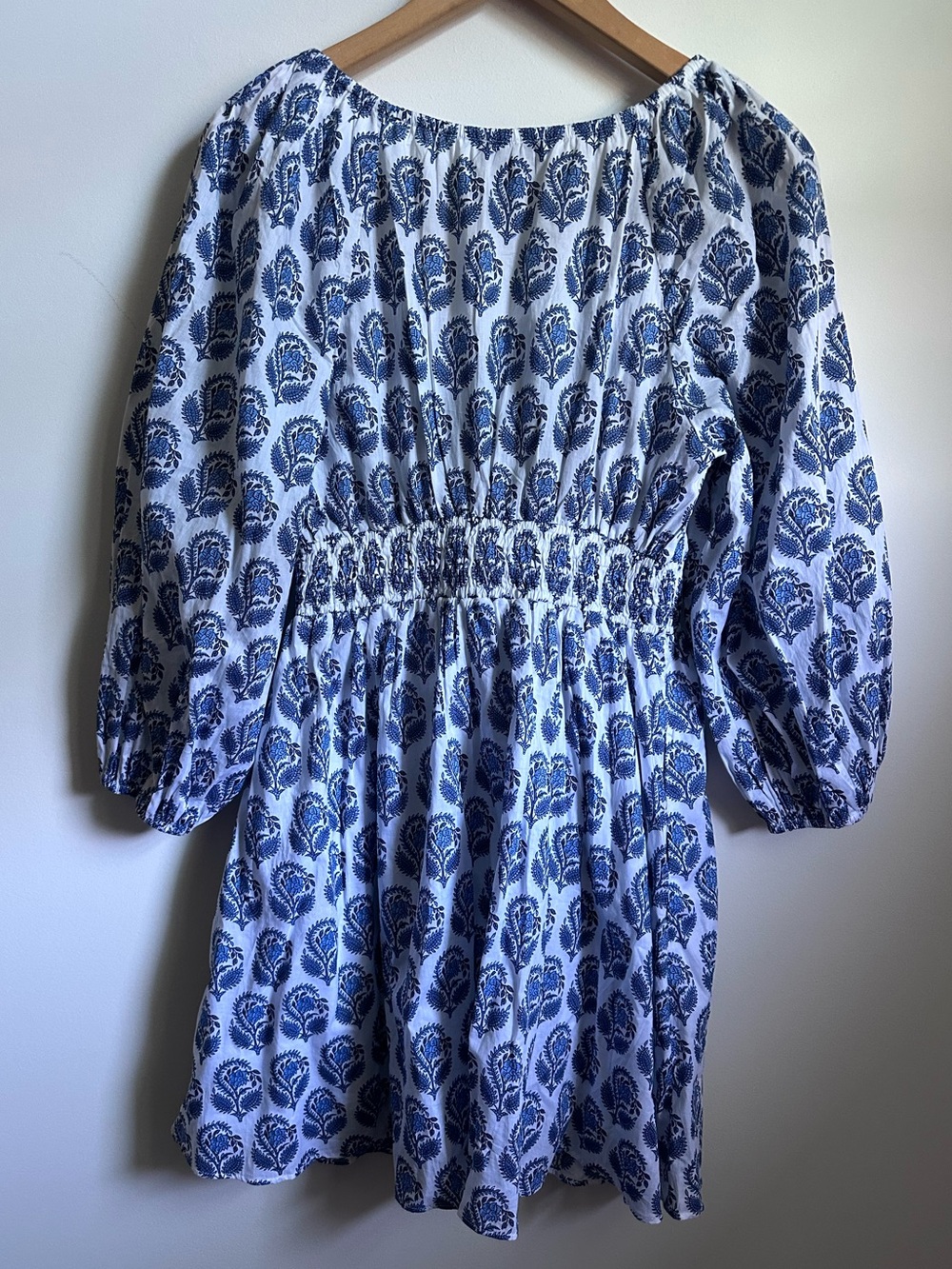 J.Crew V-Neck Mini Dress XXS Blue White Bouquet Block Print Cotton Smocked - Picture 3 of 11